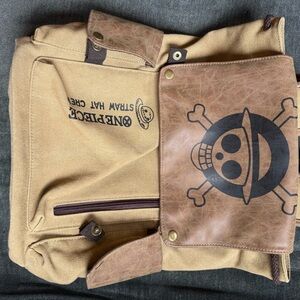 Onepiece Tan Canvas Backpack with Brown Faux Leather Flap
